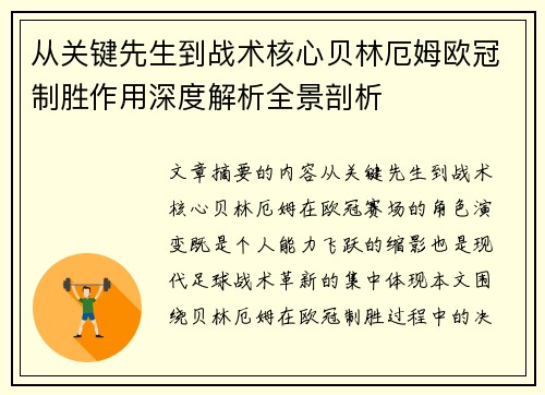 从关键先生到战术核心贝林厄姆欧冠制胜作用深度解析全景剖析 从关键先生到战术核心贝林厄姆欧冠制胜作用深度解析全景剖析